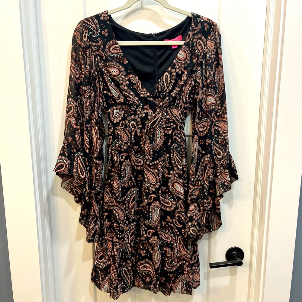 Betsey Johnson Women’s Paisley Print Black Pink Ruffle Bohemian Tie Dress Size 6